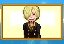 Pixel art portrait of a blond, smiling person in a dark coat with gold buttons, framed as a hanging picture against a blue sky background.