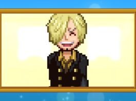 Pixel art portrait of a blond, smiling person in a dark coat with gold buttons, framed as a hanging picture against a blue sky background.
