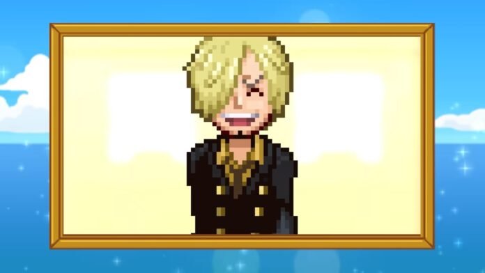 Pixel art portrait of a blond, smiling person in a dark coat with gold buttons, framed as a hanging picture against a blue sky background.