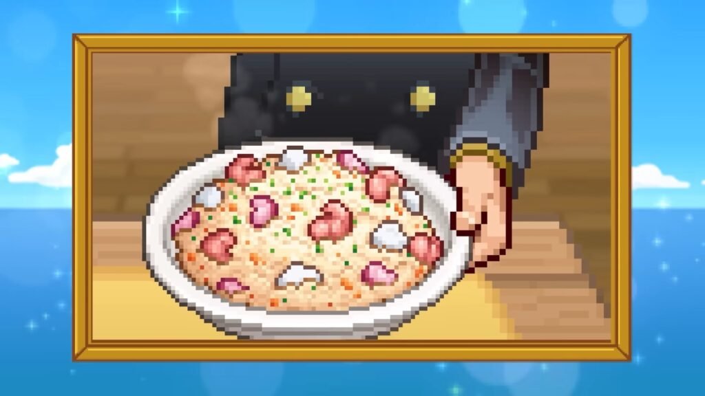 Pixel-art pizza on a white plate being held by a hand, inside a gold frame on a wooden board backdrop. ONE PIECE_ Grand Gourmet _ Announcement Trailer 0-8 screenshot