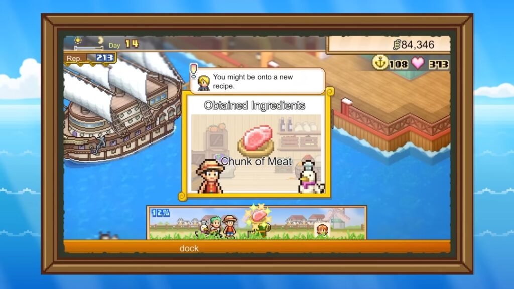 Game screen showing 'Obtained Ingredients' popup with a chunk of meat; pixel-art pirate ship on the left and a dock on the bottom. ONE PIECE_ Grand Gourmet _ Announcement Trailer 1-24 screenshot