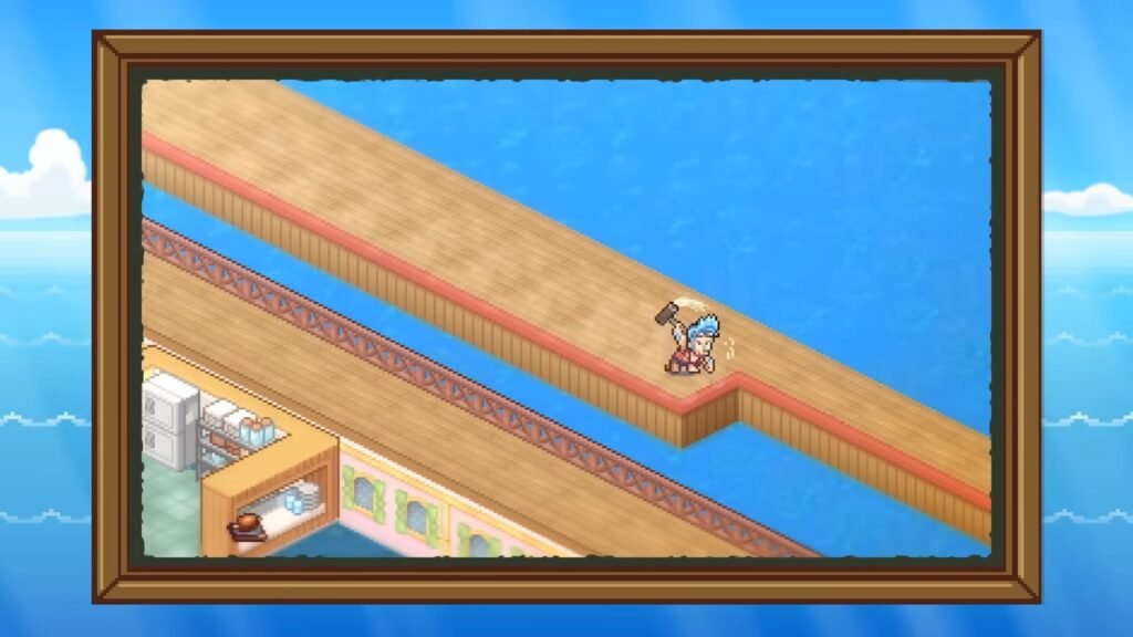 Isometric game scene: character with blue hair and a small pet on a diagonal wooden ramp inside a seaside building, framed by the window frame. ONE PIECE_ Grand Gourmet _ Announcement Trailer 1-25 screenshot