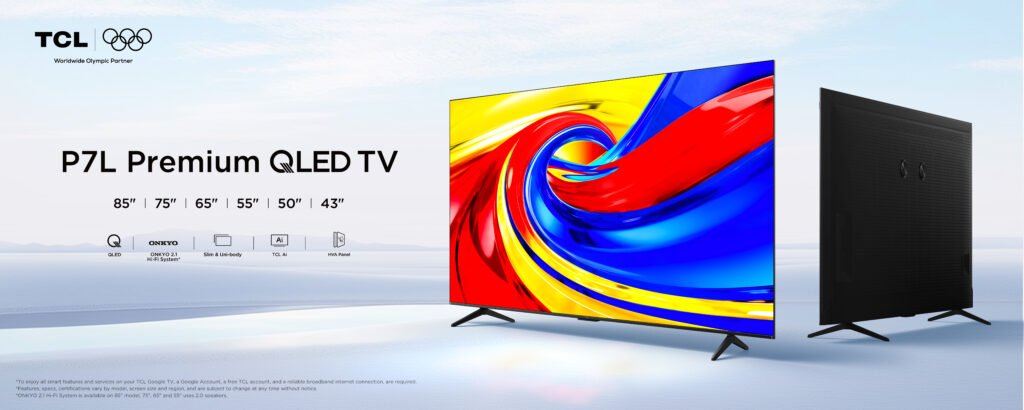 P7L קרדיט TCL 2 - GamersPack ישראל TCL P7L Premium QLED TV lineup; large colorful screen shown with stand, sizes 85 to 43 inches. P7L קרדיט TCL 2