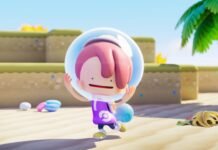 Cartoon child in a space helmet runs on a sunny beach with pastel eggs nearby.