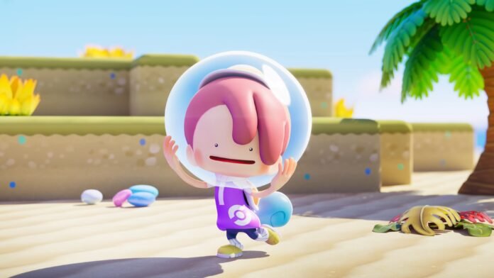Cartoon child in a space helmet runs on a sunny beach with pastel eggs nearby.
