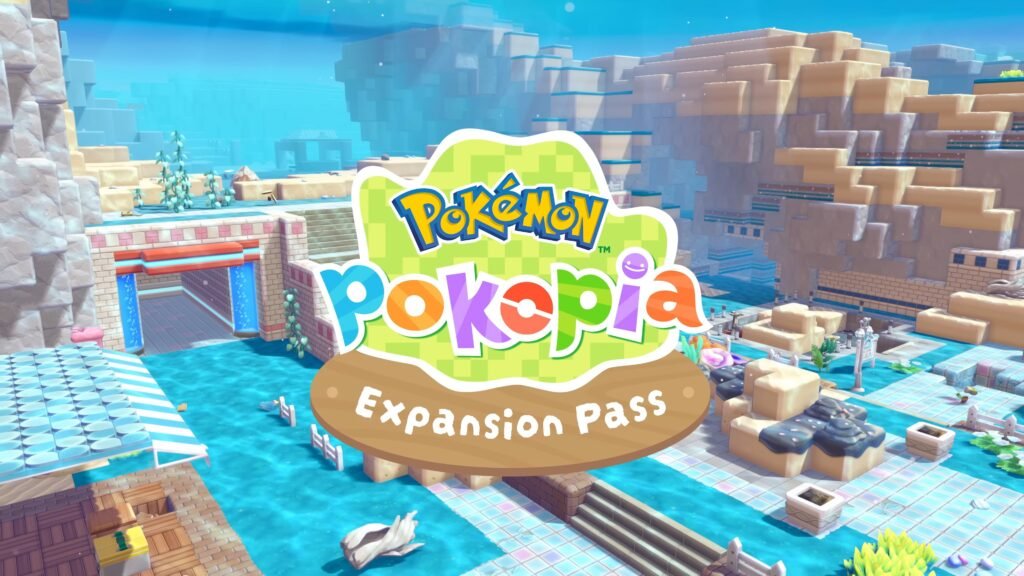Bright Pokémon branding in a colorful 3D game world with the Expansion Pass sign prominently displayed for a promotional banner. Pokémon Pokopia Expansion Pass Nintendo Direct 692026 1-0 screenshot