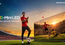 Promotional banner for TCL SQD-MiniLED featuring a footballer in a red jersey in front of a large stadium screen, with TCL logo and 'INSPIRE GREATNESS'.