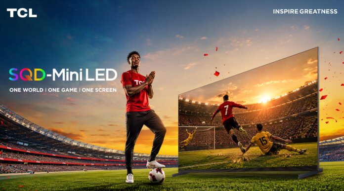 Promotional banner for TCL SQD-MiniLED featuring a footballer in a red jersey in front of a large stadium screen, with TCL logo and 'INSPIRE GREATNESS'.