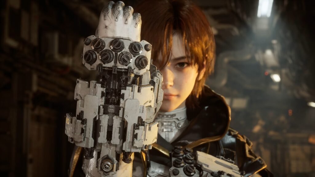 Person standing beside a large white futuristic exoskeleton/robotic arm in a dim industrial setting, hinting at cybernetic enhancement. Stellar Blade_ BLOOD RAIN _ Official Reveal Trailer 1-58 screenshot 1