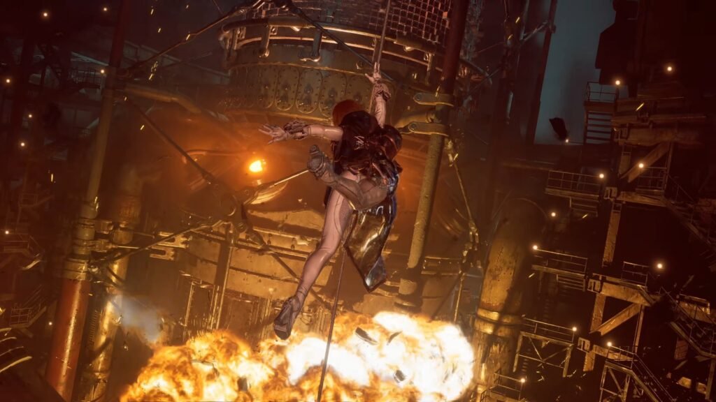 Person in dark armor swinging through a fiery industrial setting with sparks and molten flames around. Stellar Blade_ BLOOD RAIN _ Official Reveal Trailer 2-17 screenshot