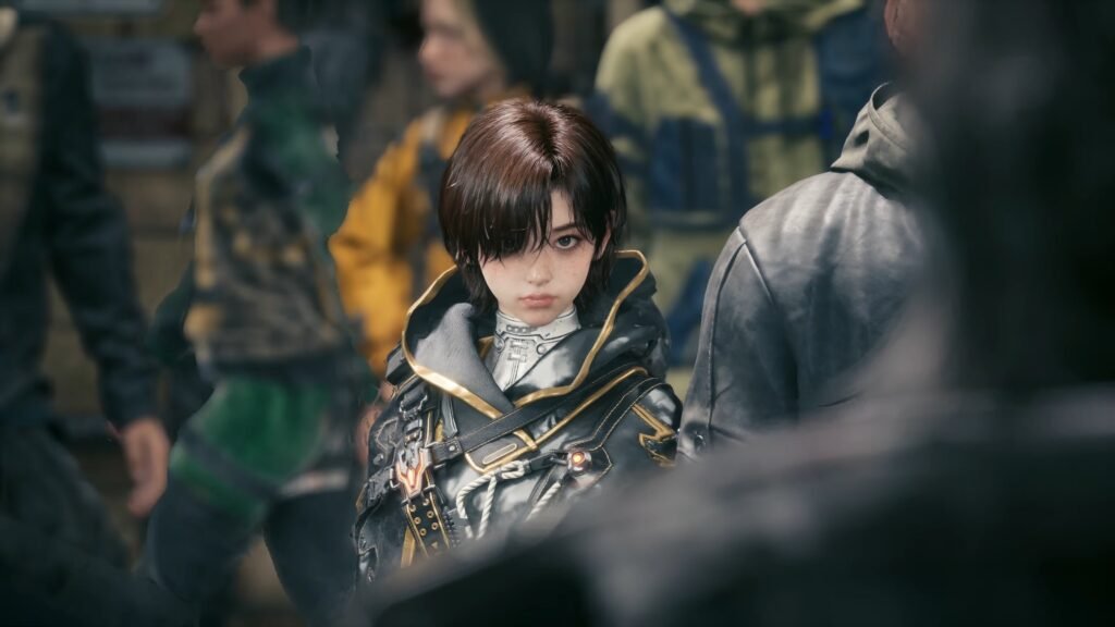 Young person in silver-black futuristic armor gazing downward among a blurred crowd in a sci-fi cosplay setting. Stellar Blade_ BLOOD RAIN _ Official Reveal Trailer 2-30 screenshot