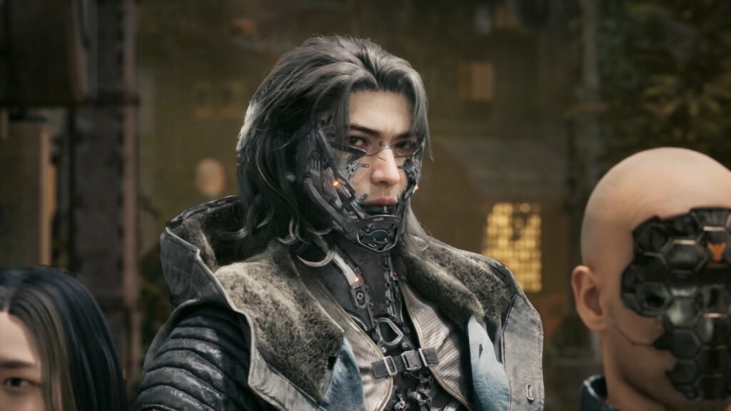 Woman with a futuristic cybernetic mask and gray hair, wearing a rugged coat, in a dim, blurred background with others nearby. Stellar Blade_ BLOOD RAIN _ Official Reveal Trailer 2-33 screenshot
