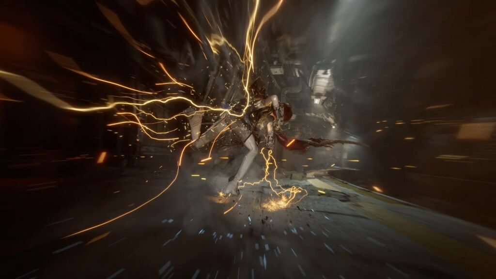 Person in a high-tech suit is struck by bright orange electric bolts in a dark sci-fi corridor; dynamic action scene. Stellar Blade_ BLOOD RAIN _ Official Reveal Trailer 2-6 screenshot