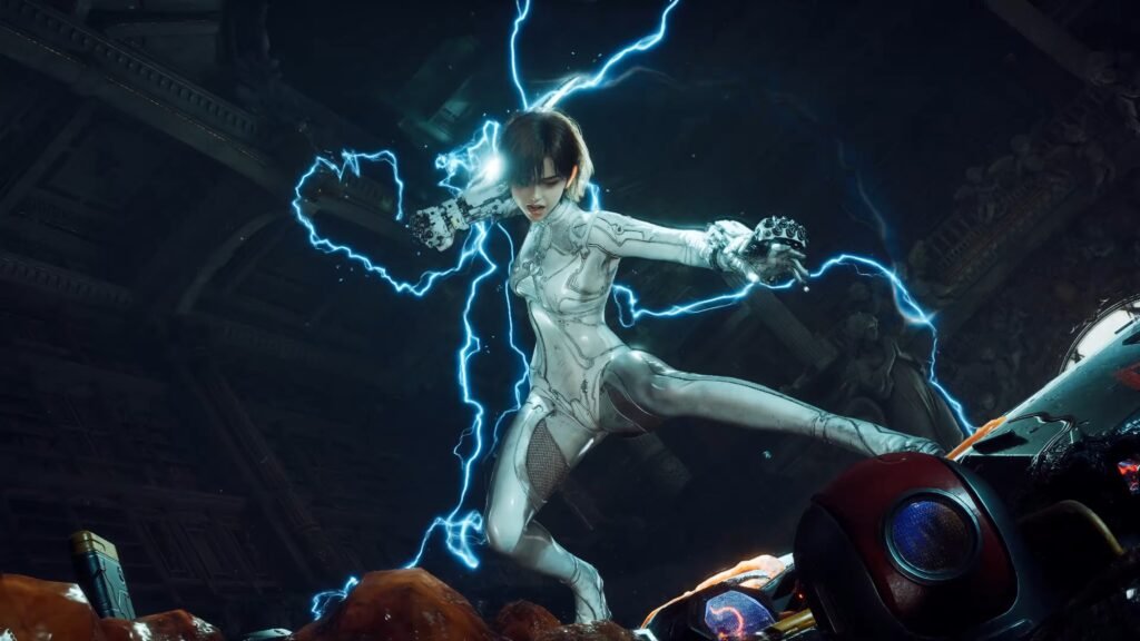 Woman in a futuristic white suit unleashes blue electricity, mid‑strike in a dark sci‑fi environment. Stellar Blade_ BLOOD RAIN _ Official Reveal Trailer 3-10 screenshot 1