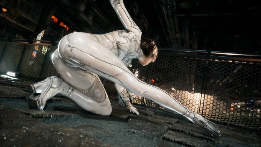 Person in a white armored suit crawls on a gritty arena floor beside a chain-link fence, preparing to spring forward. Stellar Blade_ BLOOD RAIN _ Official Reveal Trailer 3-11 screenshot 1