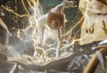 Stellar Blade: Blood Rain מציג גיבורה חדשה שלוקחת את העניינים לידיים Person in white armor surrounded by bright yellow electrical arcs, amid flying debris in an intense action moment