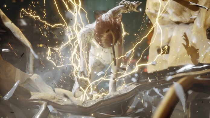 Person in white armor surrounded by bright yellow electrical arcs, amid flying debris in an intense action moment