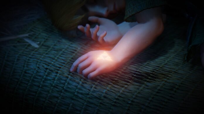 Hands resting on a woven mat with a glowing Triforce-like triangle on the wrist in dim light