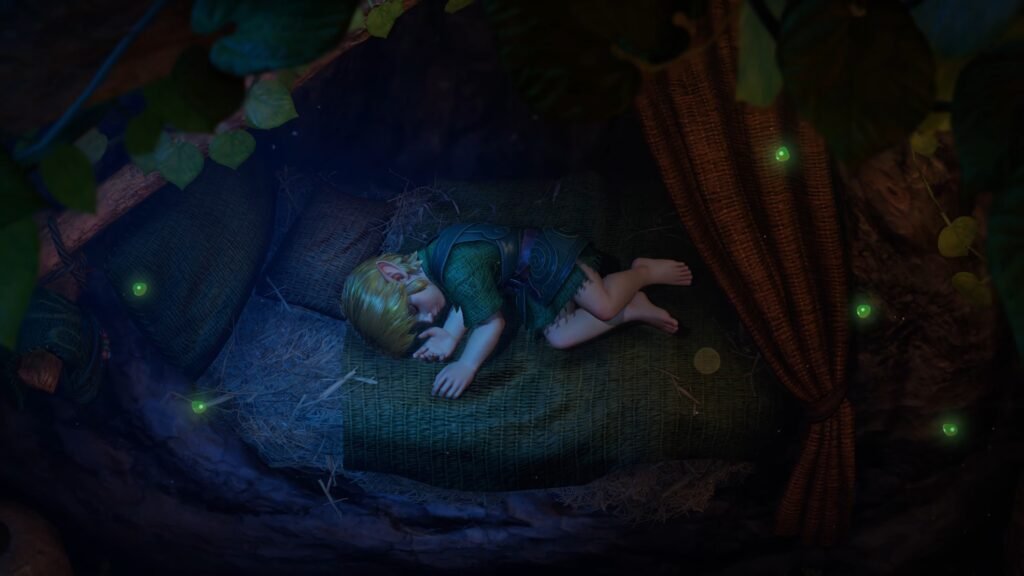 The Legend of Zelda_ Ocarina of Time Coming 2026 1-3 screenshot - GamersPack ישראל Doll-like elf sleeping on a woven mat inside a dark cave, with small glowing green fireflies around. The Legend of Zelda_ Ocarina of Time Coming 2026 1-3 screenshot