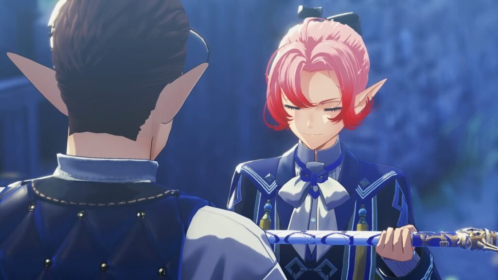Two characters in blue military outfits face off; a pink-haired elfwoman presents a decorative sword toward the other person. Xenoblade Genesis Coming 2027 Nintendo Switch 2 0-32 screenshot 1
