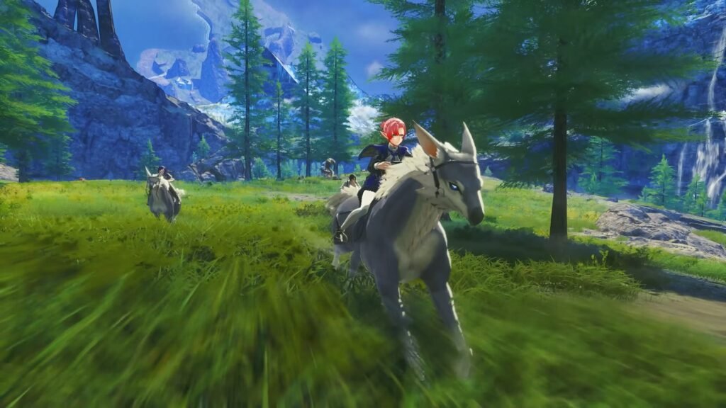 Red-haired rider on a white horse gallops across a sunlit meadow with trees and distant mountains in blue sky. Xenoblade Genesis Coming 2027 Nintendo Switch 2 1-4 screenshot
