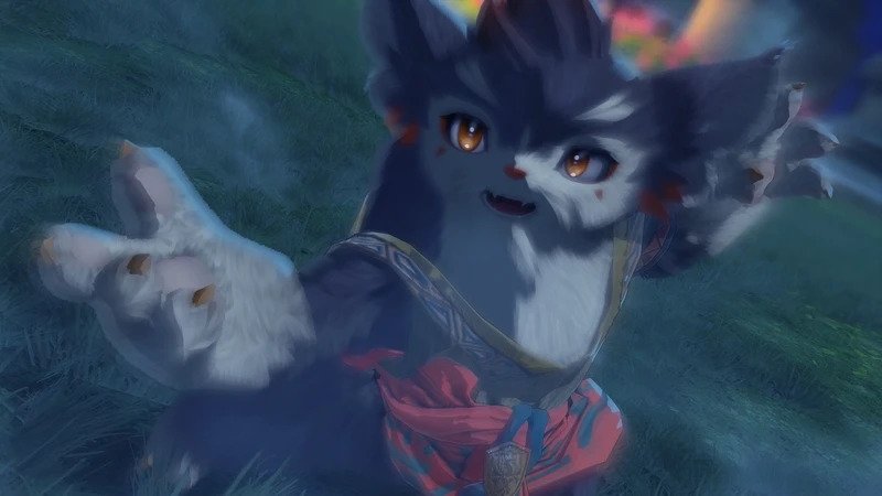 Cat-like fantasy character reaching toward the viewer with a friendly expression in a grassy field at dusk. Xenoblade genesis