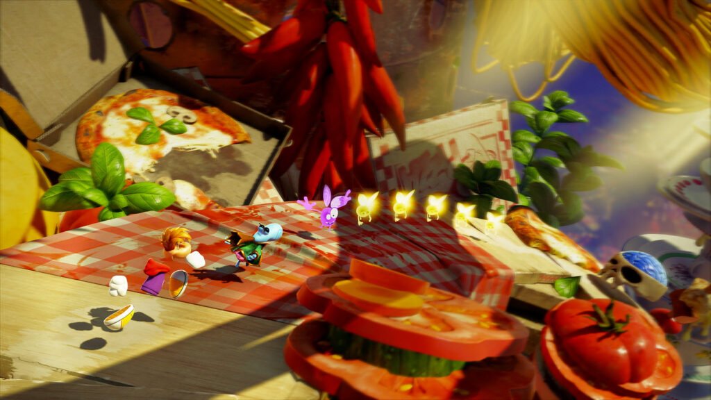 Whimsical kitchen scene: pizza on a checkered tablecloth, fresh basil, peppers, and tiny animated characters marching beside glowing yellow sprites. rayman 2
