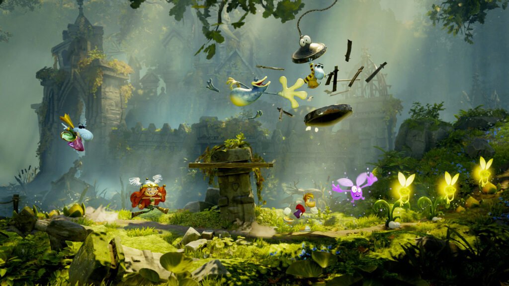 Colorful cartoon battle scene in a sunny forest with whimsical characters jumping and flying over ancient ruins in the background. rayman 3