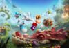 Colorful fantasy game scene with a group of cartoon characters leaping over a red dragon in a lush forest setting.
