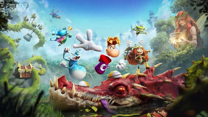 Colorful fantasy game scene with a group of cartoon characters leaping over a red dragon in a lush forest setting.