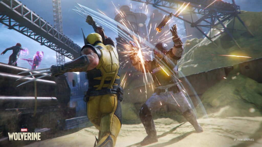 Wolverine lunges with claws extended in a fierce fight on a construction site, sparks flying around the armored foe. wolverine 1