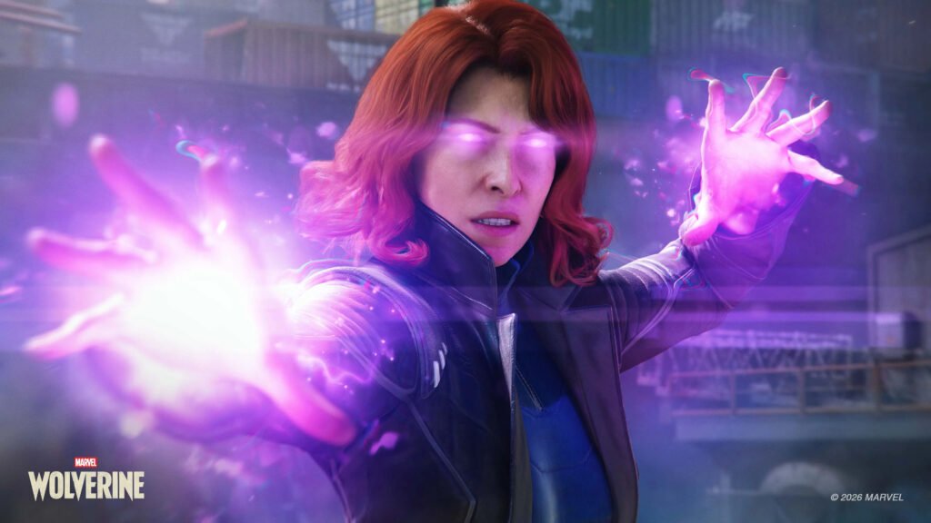 Person with red hair in a leather jacket emits bright purple energy from their hands for a Marvel Wolverine promo poster. wolverine 3