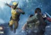 Wolverine in yellow armor lunges forward with claws extended in a snowy battle scene; another fighter faces him in the foreground.