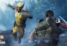 Wolverine in yellow armor lunges forward with claws extended in a snowy battle scene; another fighter faces him in the foreground.