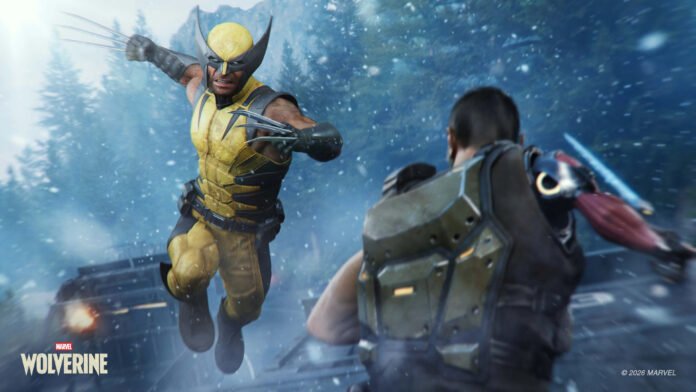Wolverine in yellow armor lunges forward with claws extended in a snowy battle scene; another fighter faces him in the foreground.