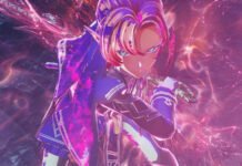 Anime-style warrior with pink hair in a blue outfit, surrounded by glowing magenta energy.