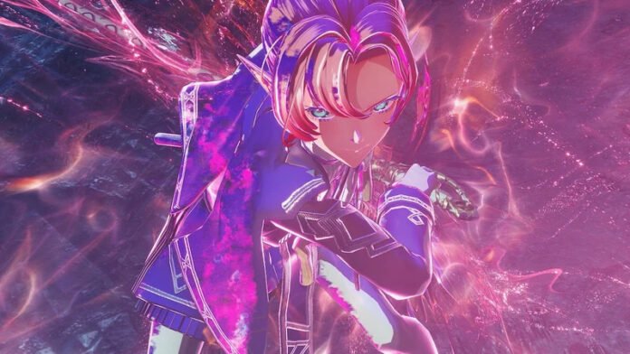 Anime-style warrior with pink hair in a blue outfit, surrounded by glowing magenta energy.