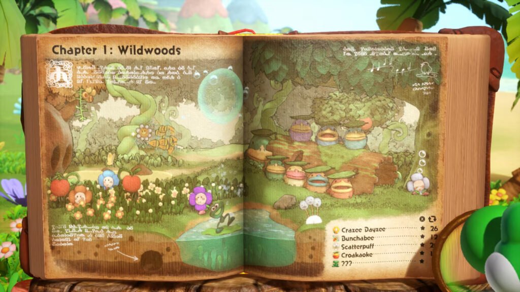 yoshi 2 - GamersPack ישראל Open illustrated book spread titled 'Chapter 1: Wildwoods' in a sunny garden with whimsical plant characters and flowers. yoshi 2