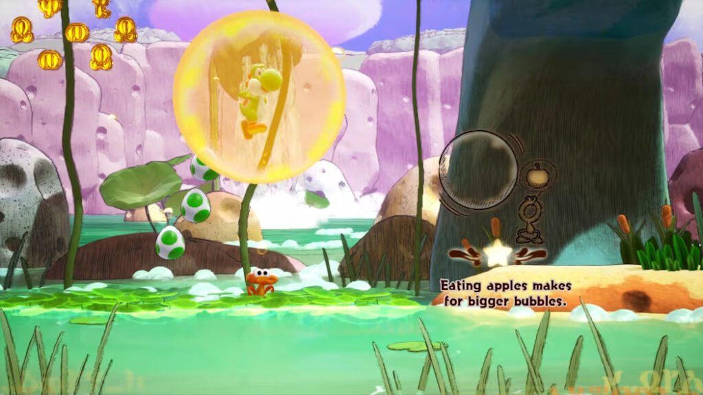yoshi 4 - GamersPack ישראל A side-scrolling game scene: a glowing yellow bubble shields a green character while floating apples hover nearby in a bright, fantasy landscape. yoshi 4