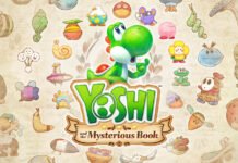 Yoshi and the Mysterious Book ביקורת: לשחק בציור Colorful game cover featuring Yoshi at the center and a parchment banner reading 'Yoshi and the Mysterious Book' with playful doodles around him.