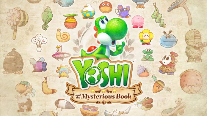 Colorful game cover featuring Yoshi at the center and a parchment banner reading 'Yoshi and the Mysterious Book' with playful doodles around him.
