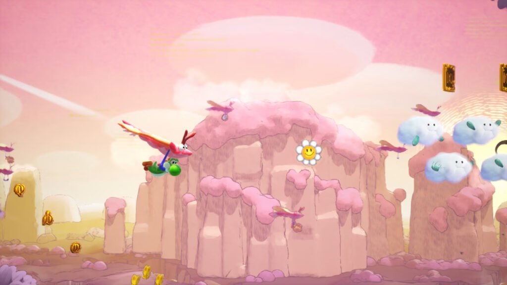 yoshi 6 - GamersPack ישראל Whimsical platformer scene: pink rocky cliffs, a red-winged character riding a blue-green companion, and floating gold coins. yoshi 6