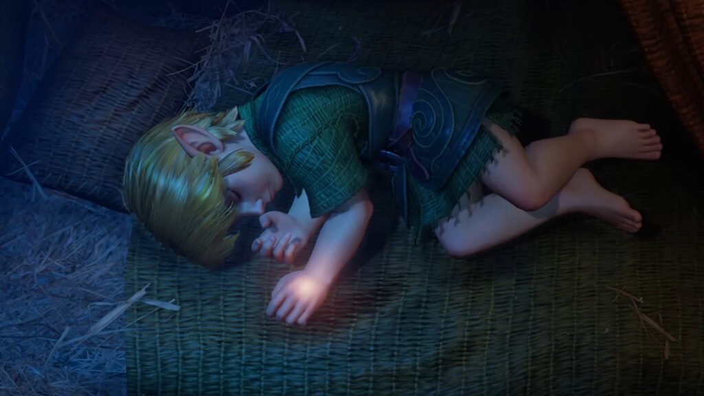 925jGMFZJ7mBx7nyYL8oBn - GamersPack ישראל A young elf-like boy in a green tunic lies asleep on a woven floor, blue-tinted lighting all around him. 925jGMFZJ7mBx7nyYL8oBn