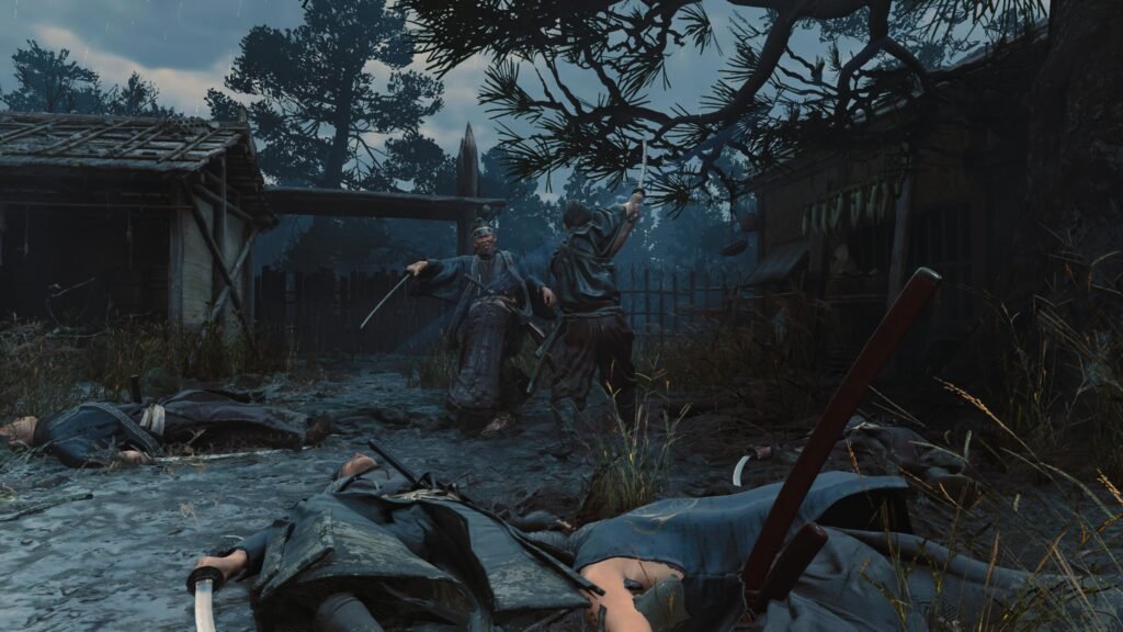 Two samurai duel with swords in a ruined village, surrounded by fallen bodies and scattered debris. Onimusha_ Way of the Sword_20260813224339