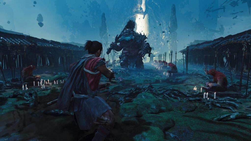 Hero in a red cloak with a drawn sword faces a towering spiked monster in a blue-lit, candle-filled arena. Onimusha_ Way of the Sword_20260814125545