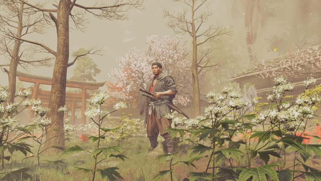 Samurai in armor stands among blooming cherry trees in a misty garden with a torii gate in the background. Onimusha_ Way of the Sword_20260814135239