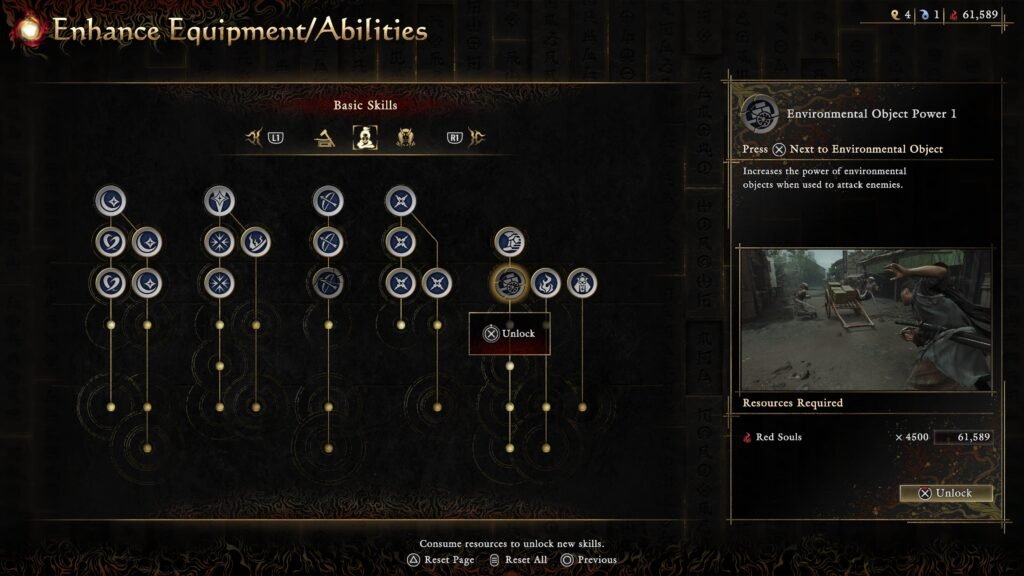 Dark fantasy game UI showing a large interconnected skill tree with round blue icons linked by gold lines, left side filled with nodes, and a right panel titled 'Environmental Object Power 1' describing a power to increase environmental object power; bottom shows an 'Unlock' prompt and resource indicators. Onimusha_ Way of the Sword_20260829161538
