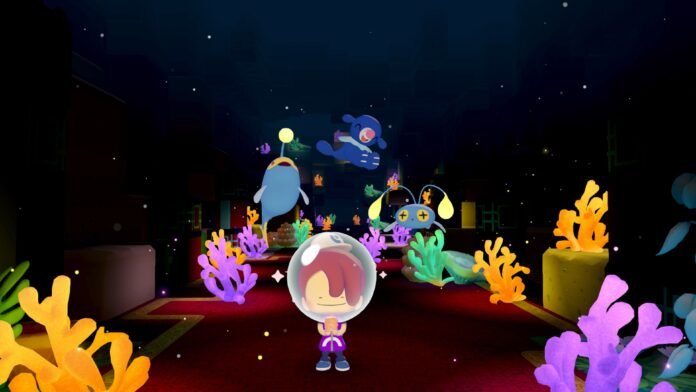 Child in a space helmet stands on a red carpet in a dark underwater tunnel, surrounded by colorful coral and playful sea-creature characters.