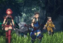Three anime-style adventurers stand in tall grass in a dense forest, accompanied by a large white tiger-like companion. Left: a red-haired female warrior in crimson armor; center: a young male fighter in blue gear with a bow; right: a small-framed female in yellow armor.