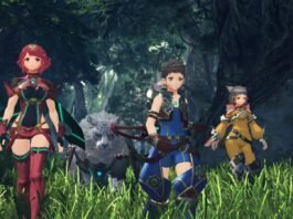 Three anime-style adventurers stand in tall grass in a dense forest, accompanied by a large white tiger-like companion. Left: a red-haired female warrior in crimson armor; center: a young male fighter in blue gear with a bow; right: a small-framed female in yellow armor.